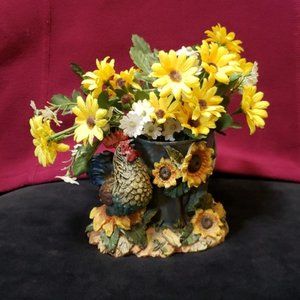 Cute Resin Rooster Sunflower Daisy Bucket Decor